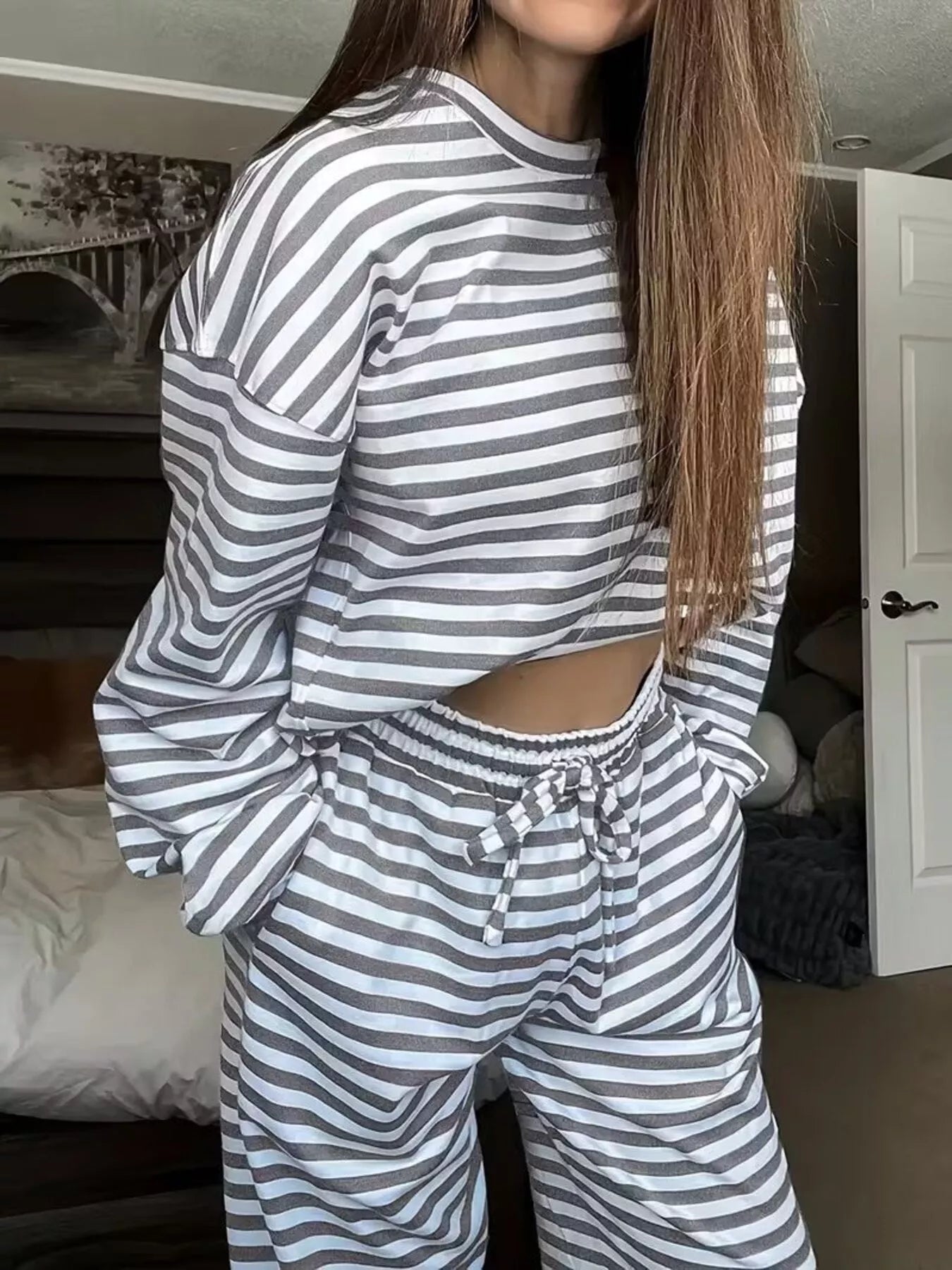 Striped Long Sleeve Top and Pants Set - Rochelle's House LLC