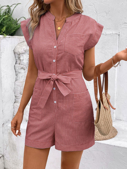 Striped Notched Tie Waist Romper - Rochelle's House LLC
