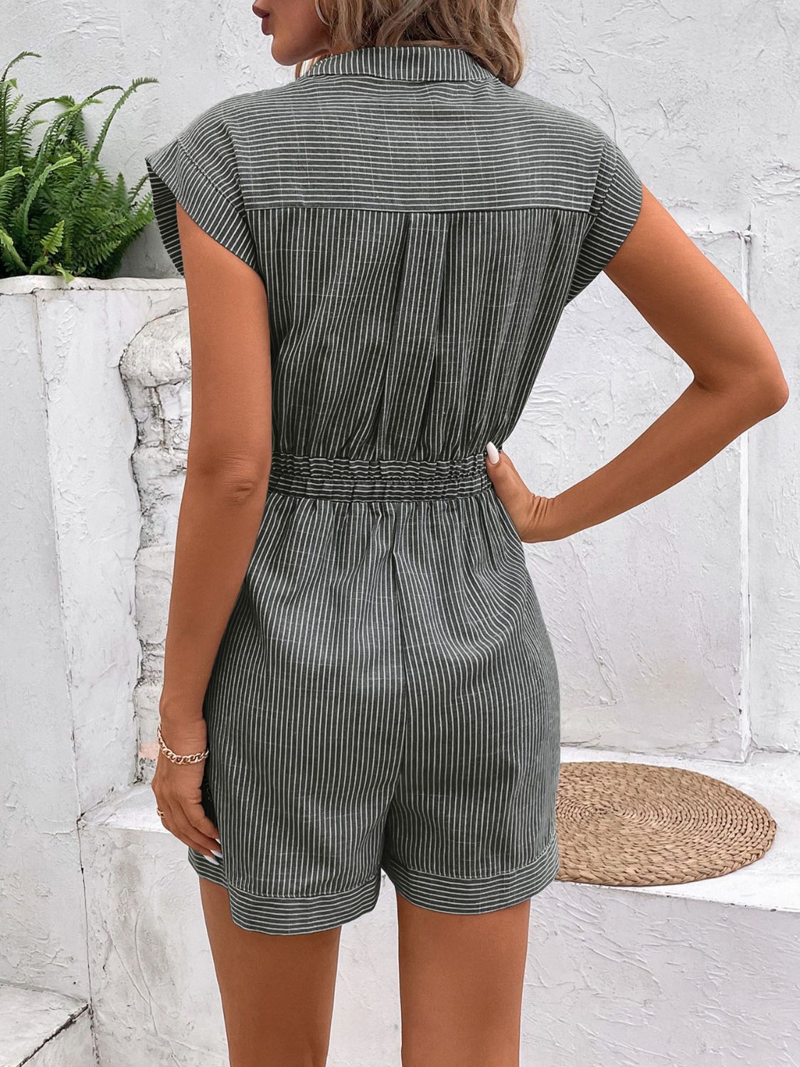 Striped Notched Tie Waist Romper - Rochelle's House LLC