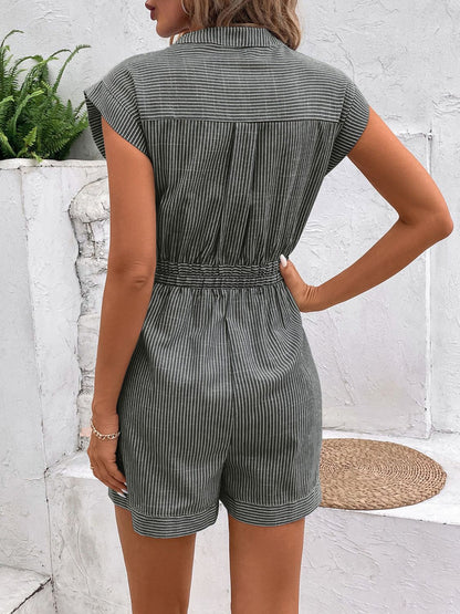 Striped Notched Tie Waist Romper - Rochelle's House LLC
