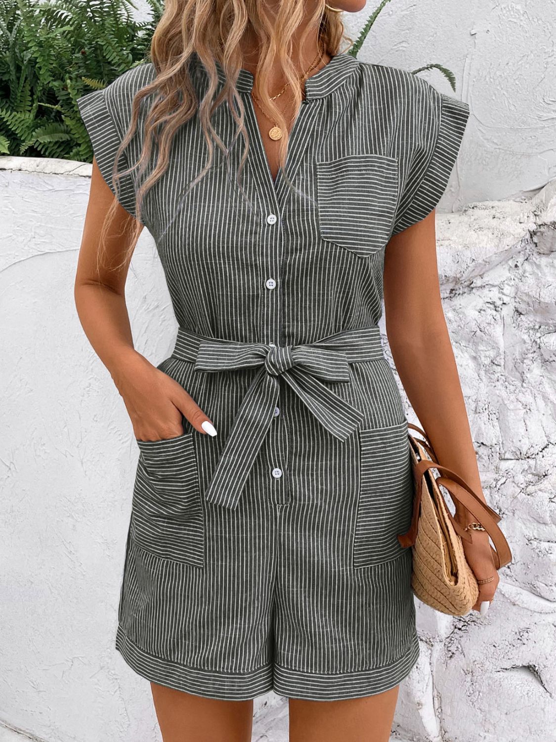 Striped Notched Tie Waist Romper - Rochelle's House LLC