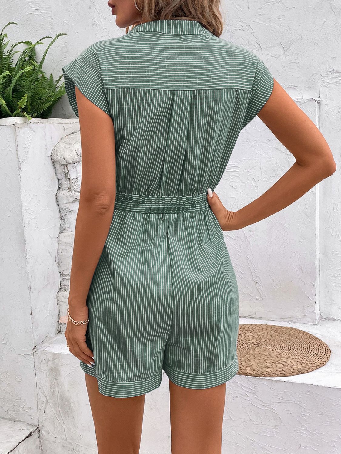 Striped Notched Tie Waist Romper - Rochelle's House LLC