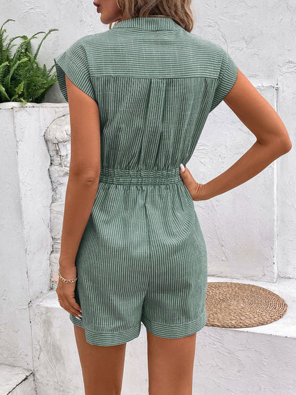 Striped Notched Tie Waist Romper - Rochelle's House LLC