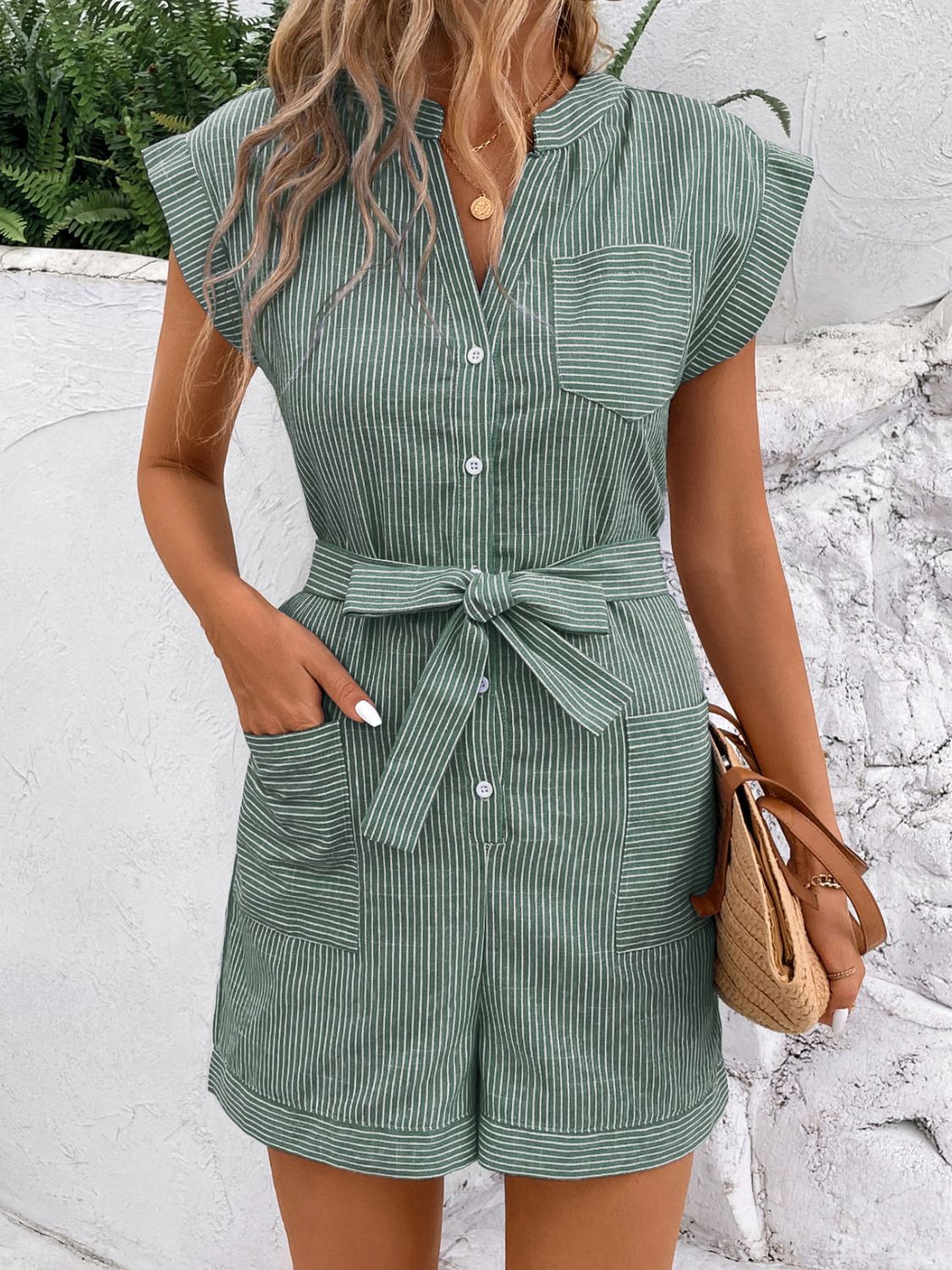 Striped Notched Tie Waist Romper - Rochelle's House LLC