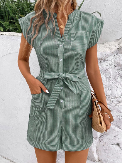 Striped Notched Tie Waist Romper - Rochelle's House LLC