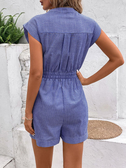 Striped Notched Tie Waist Romper - Rochelle's House LLC