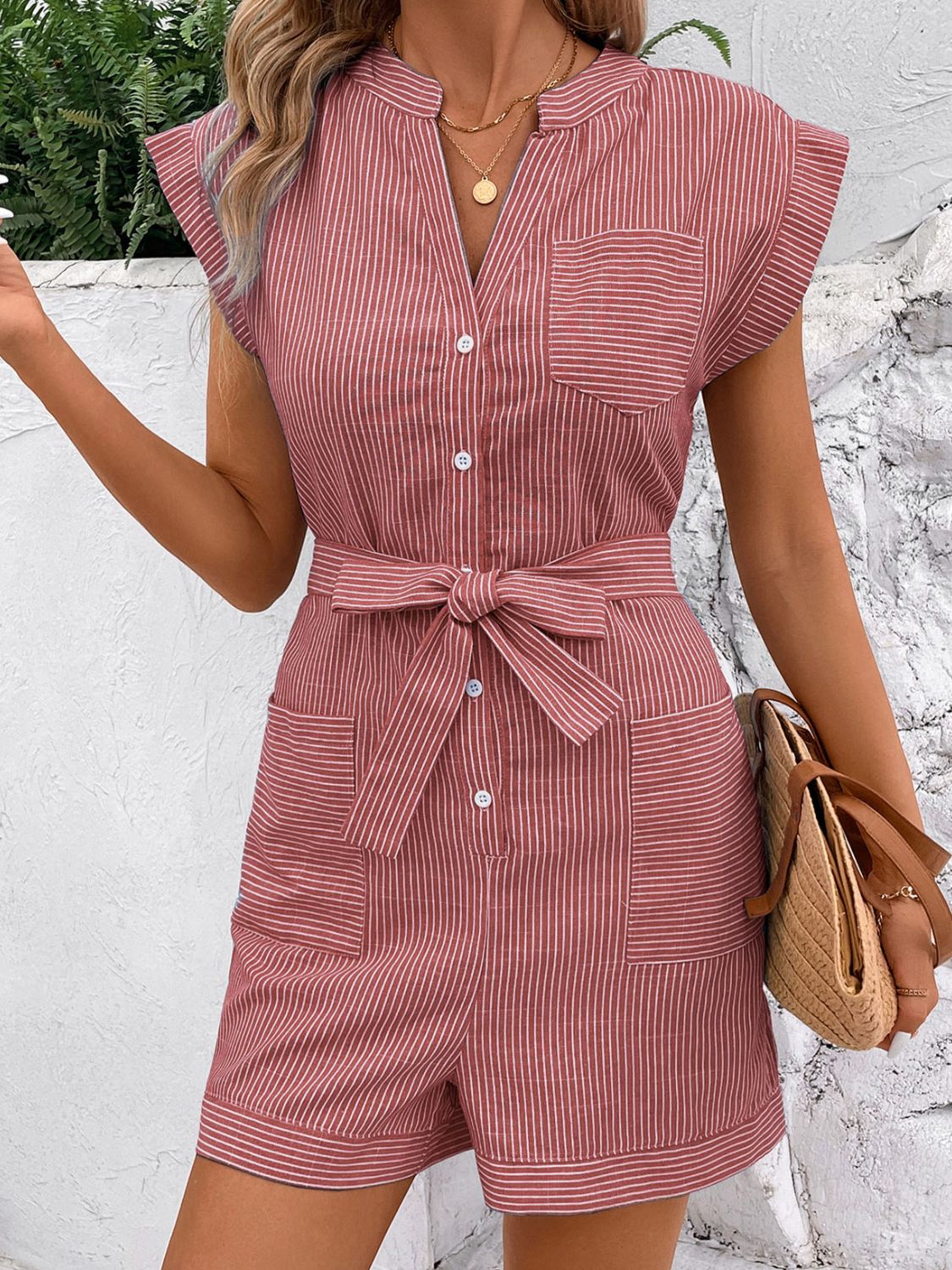 Striped Notched Tie Waist Romper - Rochelle's House LLC