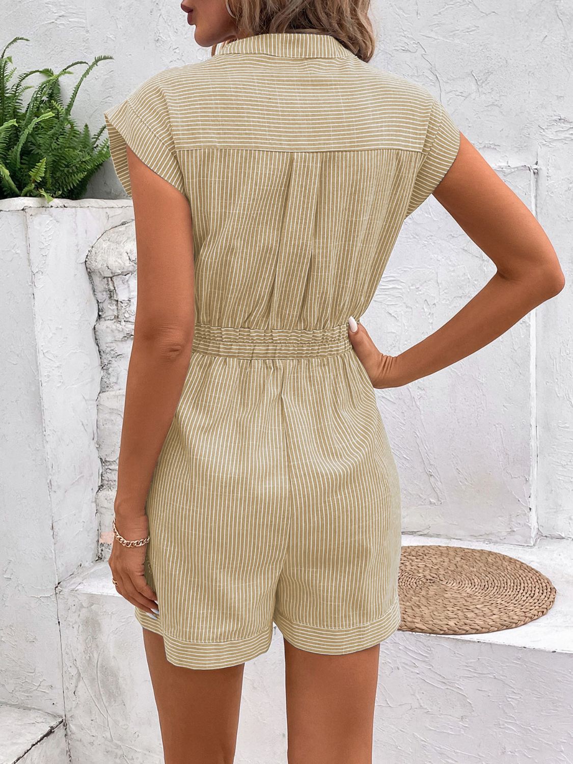 Striped Notched Tie Waist Romper - Rochelle's House LLC