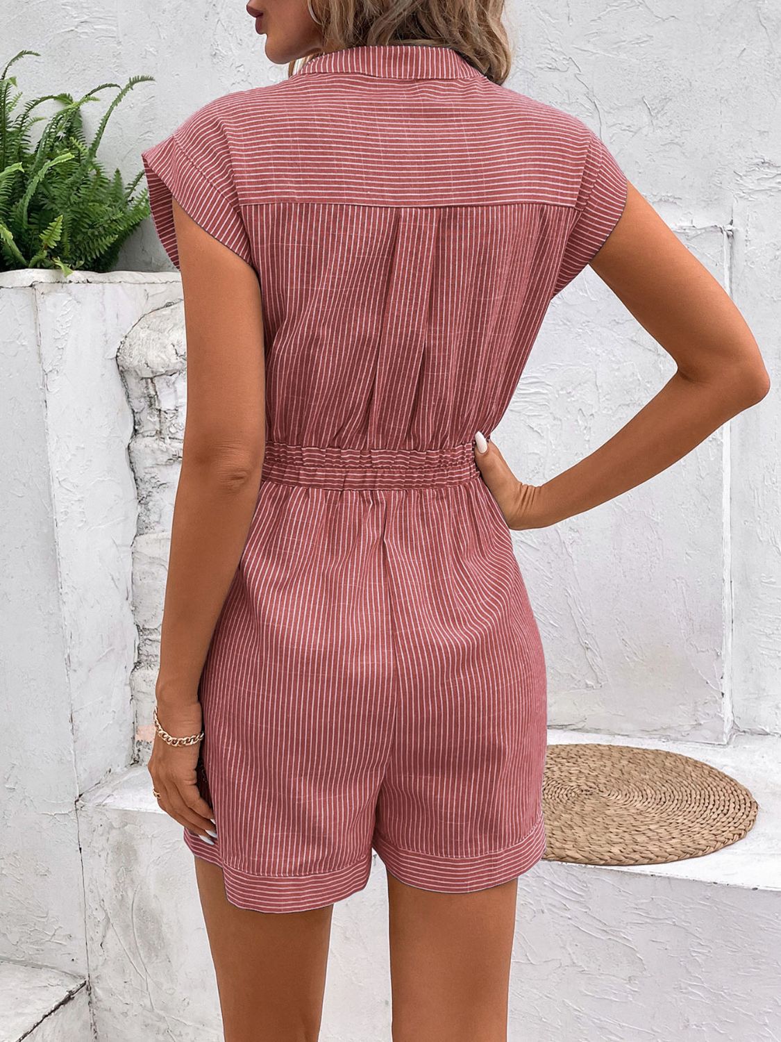 Striped Notched Tie Waist Romper - Rochelle's House LLC