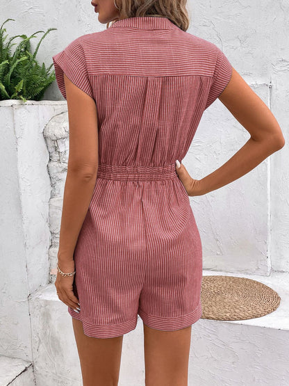 Striped Notched Tie Waist Romper - Rochelle's House LLC