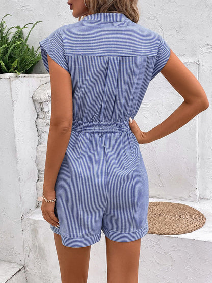 Striped Notched Tie Waist Romper - Rochelle's House LLC
