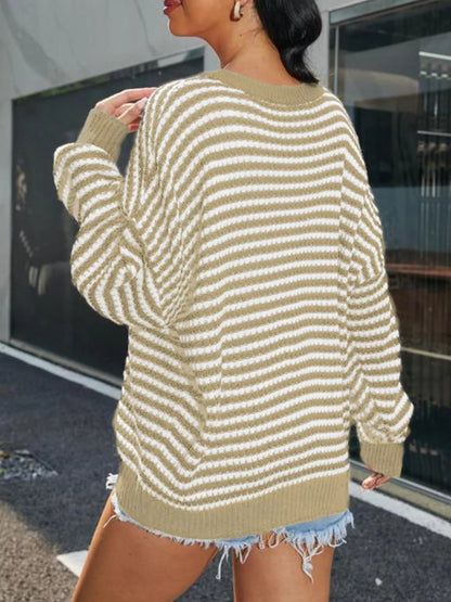 Striped Round Neck Drop Shoulder Sweater - Rochelle's House LLC