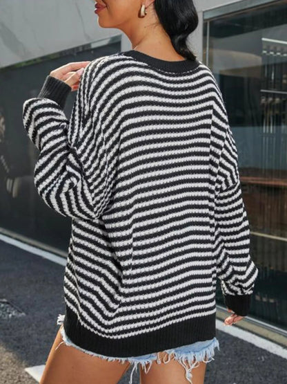Striped Round Neck Drop Shoulder Sweater - Rochelle's House LLC