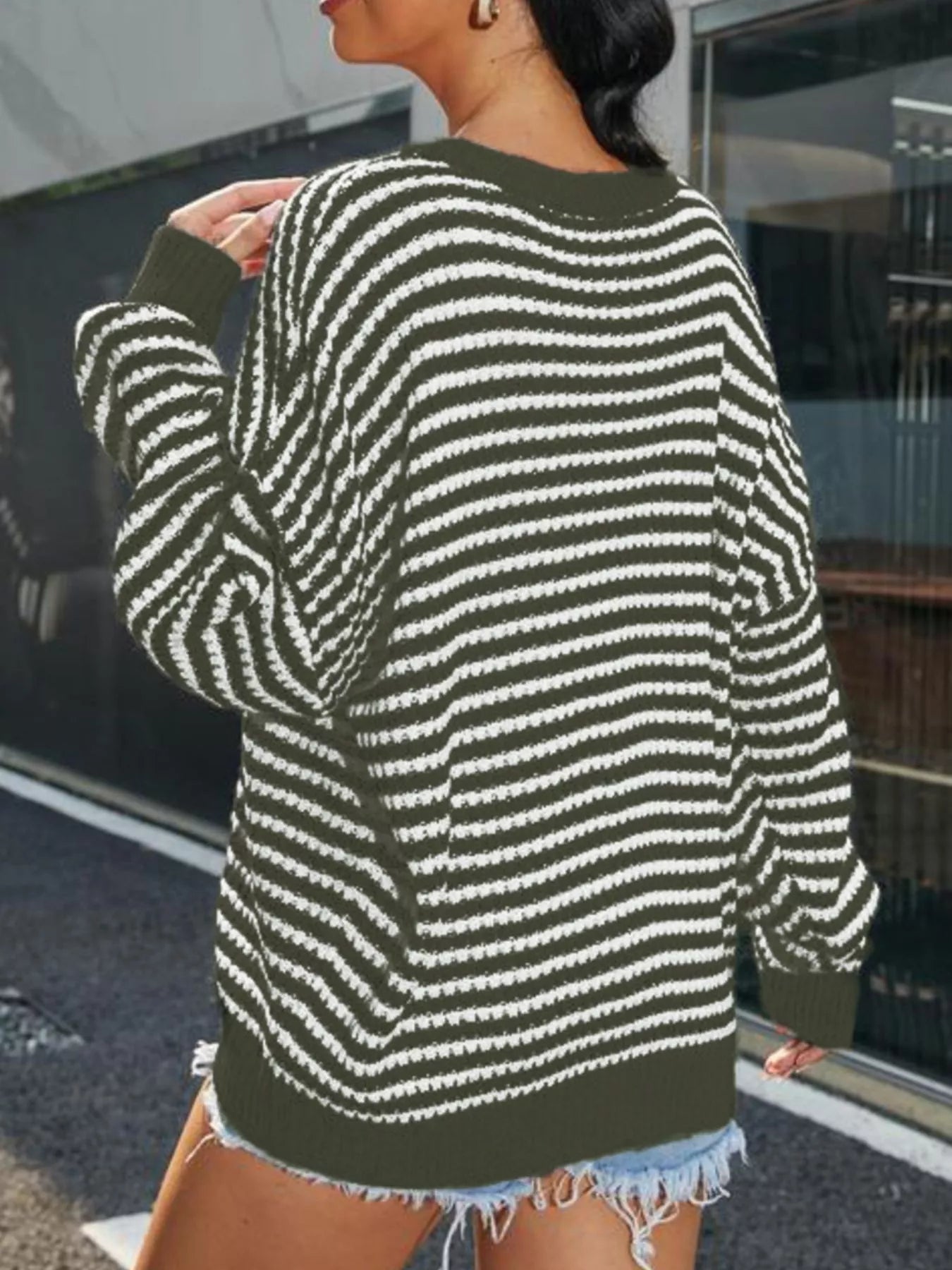 Striped Round Neck Drop Shoulder Sweater - Rochelle's House LLC