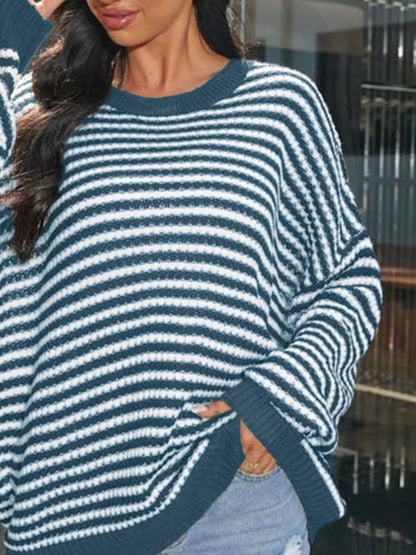 Striped Round Neck Drop Shoulder Sweater - Rochelle's House LLC