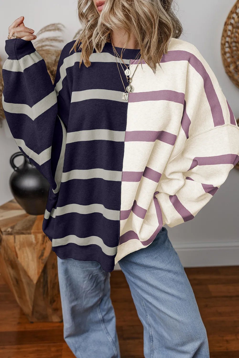 Striped Round Neck Long Sleeve Knit Top - Rochelle's House LLC