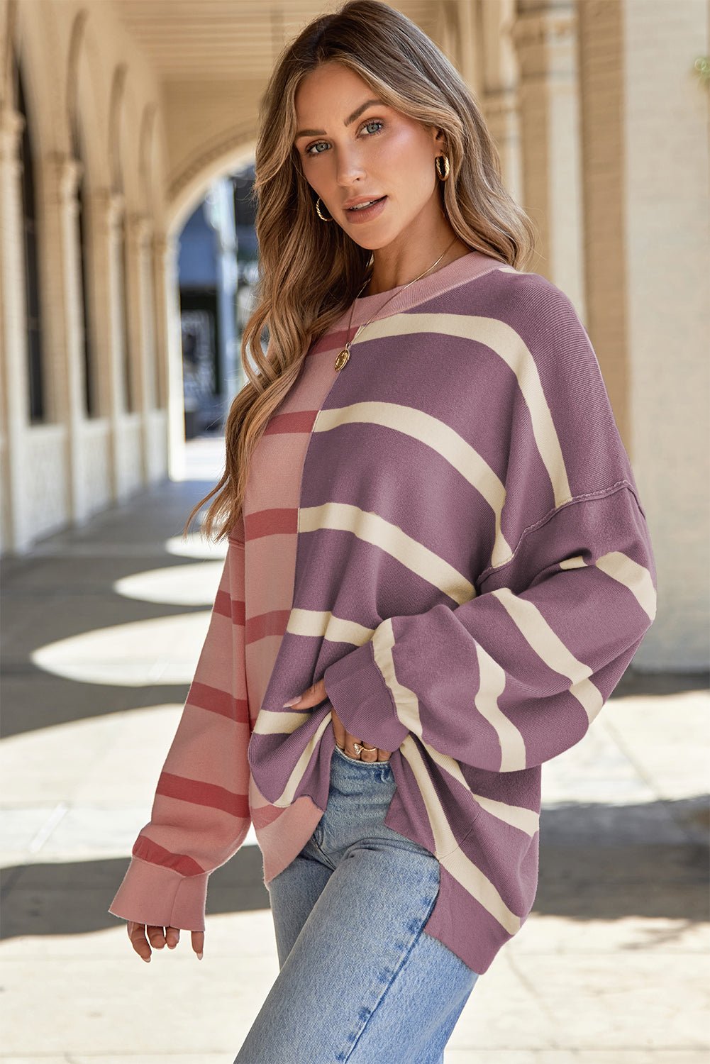 Striped Round Neck Long Sleeve Knit Top - Rochelle's House LLC
