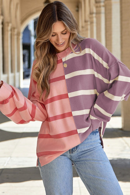 Striped Round Neck Long Sleeve Knit Top - Rochelle's House LLC