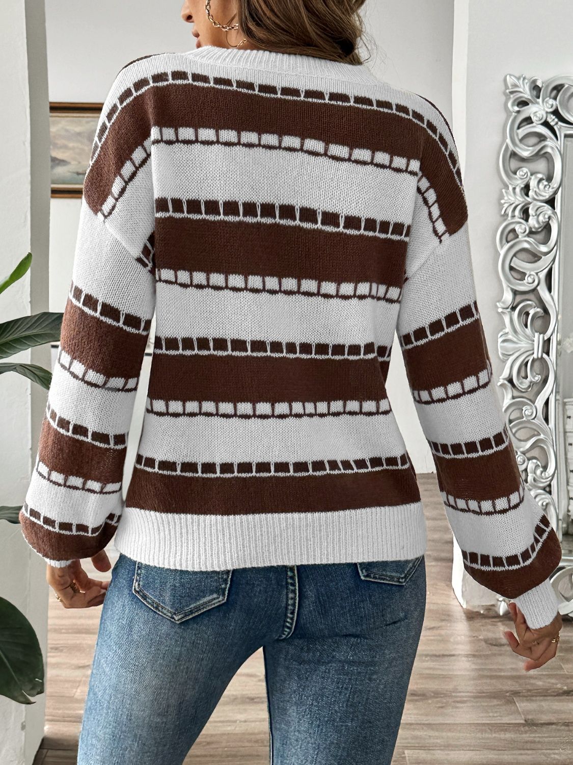 Striped Round Neck Long Sleeve Sweater - Rochelle's House LLC