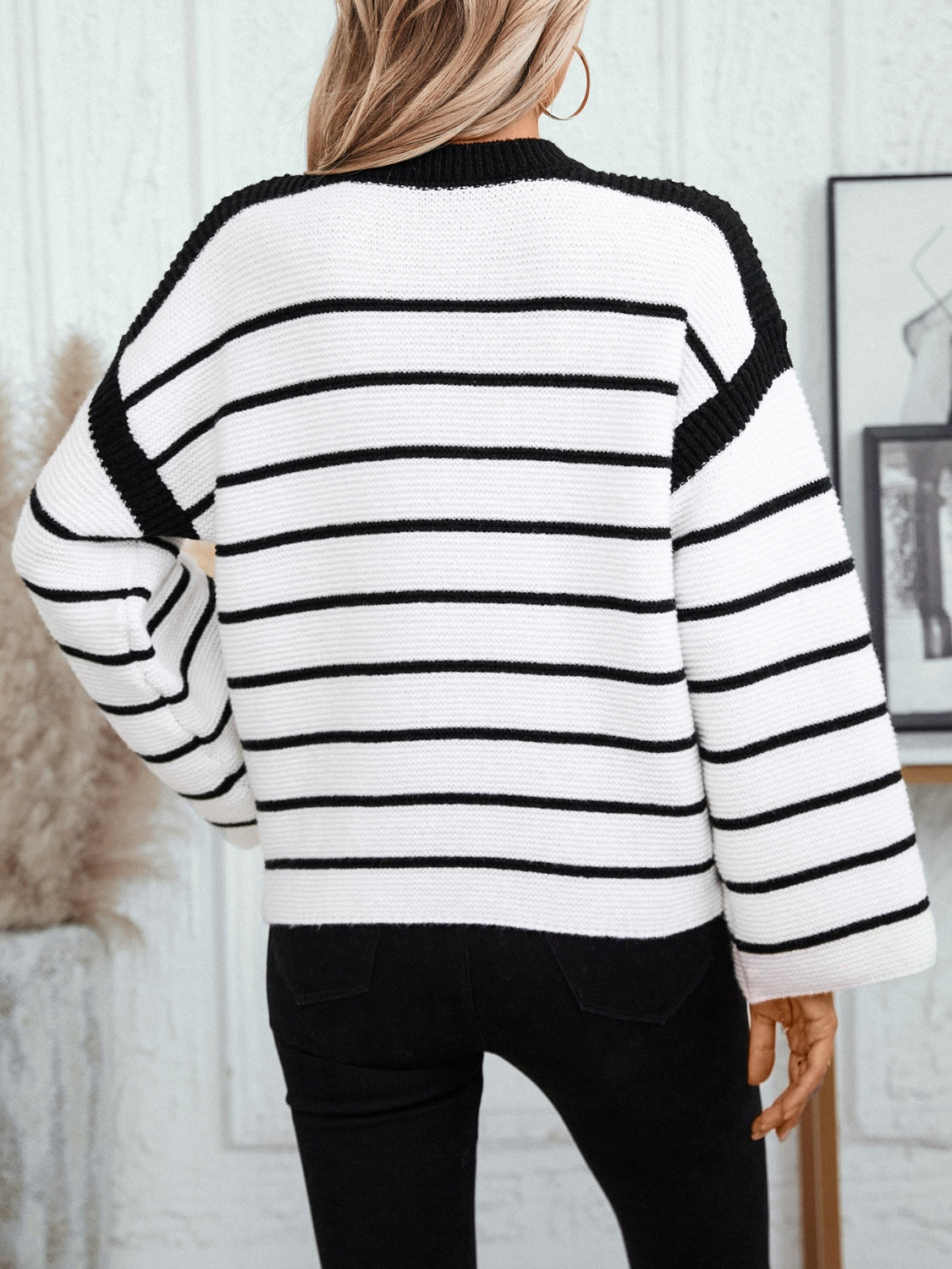 Striped Round Neck Long Sleeve Sweater - Rochelle's House LLC