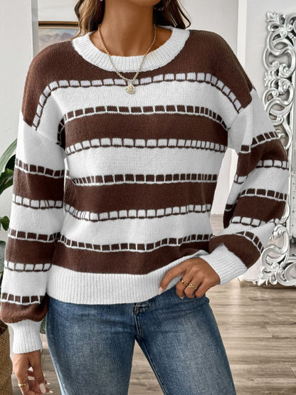 Striped Round Neck Long Sleeve Sweater - Rochelle's House LLC