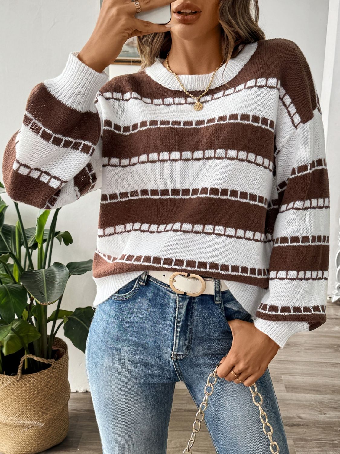 Striped Round Neck Long Sleeve Sweater - Rochelle's House LLC