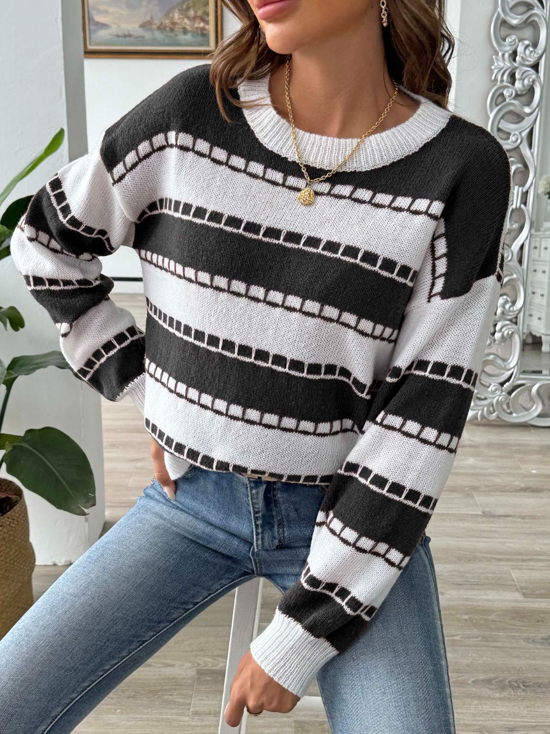 Striped Round Neck Long Sleeve Sweater - Rochelle's House LLC