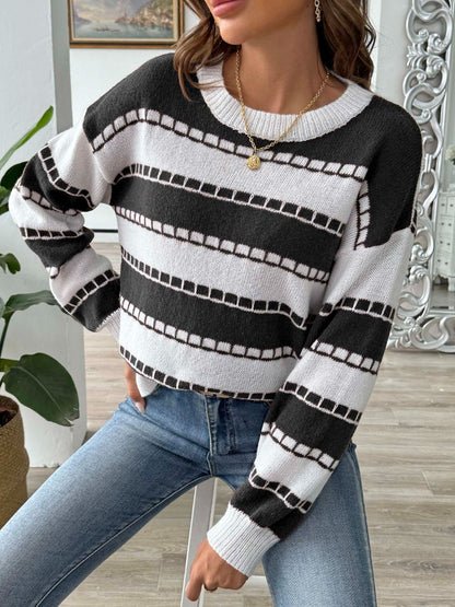 Striped Round Neck Long Sleeve Sweater - Rochelle's House LLC