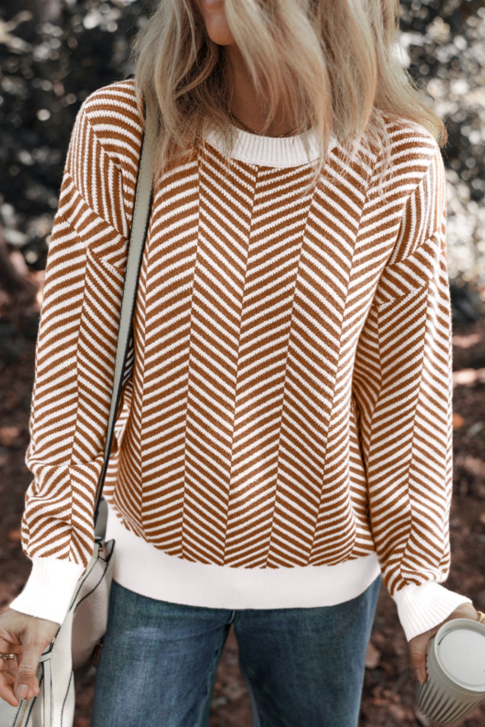 Front view of Striped Round Neck Long Sleeve Sweater in Camel showing neckline and sleeve details
