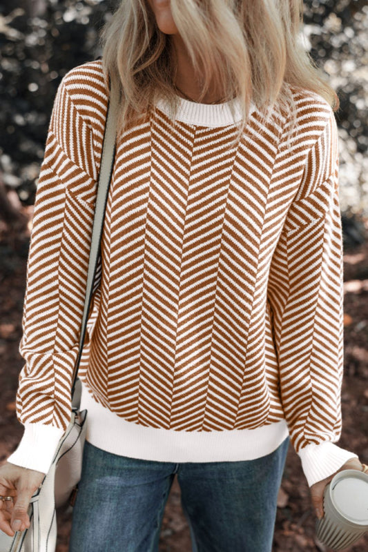 Front view of Striped Round Neck Long Sleeve Sweater in Camel showing neckline and sleeve details