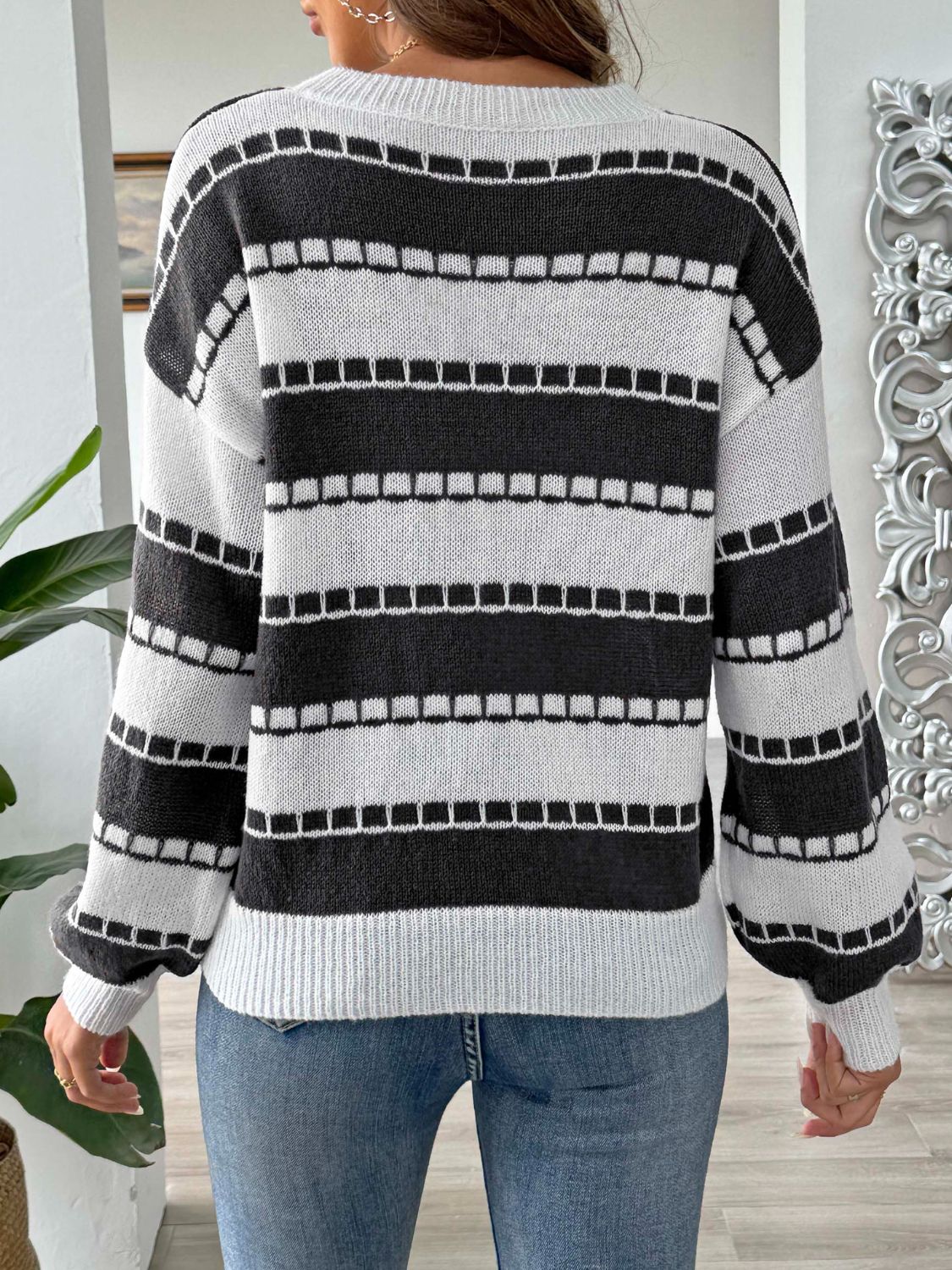 Striped Round Neck Long Sleeve Sweater - Rochelle's House LLC