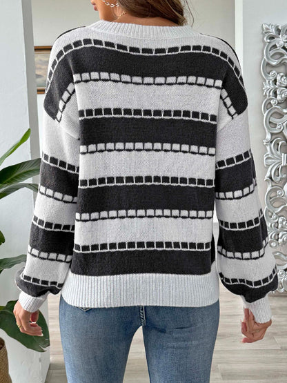 Striped Round Neck Long Sleeve Sweater - Rochelle's House LLC