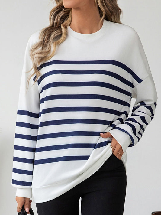 Front view of Striped Round Neck Long Sleeve T-Shirt in White showing neckline and sleeve details (95% polyester and)