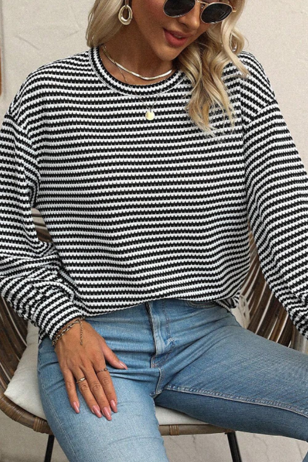 Front view of Striped Round Neck Long Sleeve Top in Black showing neckline and sleeve details
