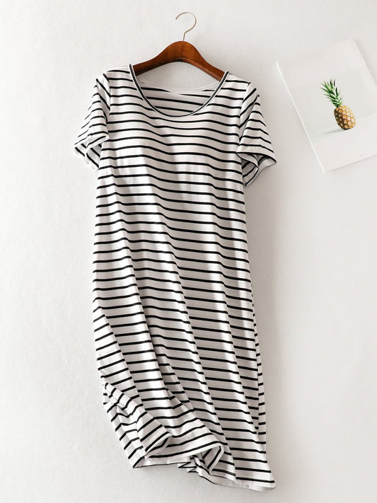 Striped Round Neck Short Sleeve Dress - Rochelle's House LLC