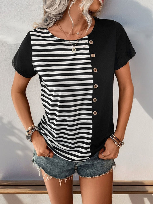 Striped Round Neck Short Sleeve T-Shirt - Rochelle's House LLC