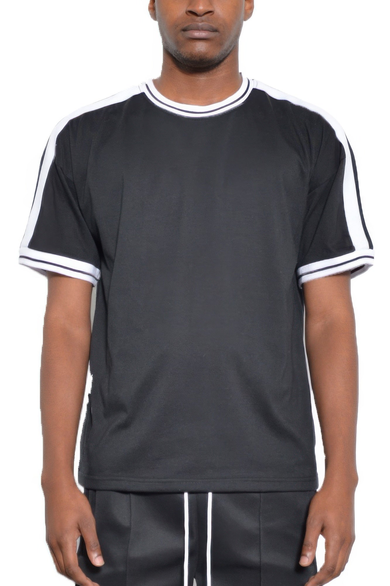 Front view of Striped Tape Short Sleeve Tshirt showing neckline and sleeve details (100% cotton for breathable)