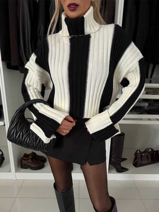 Front view of Striped Turtleneck Dropped Shoulder Sweater in Black showing neckline and sleeve details