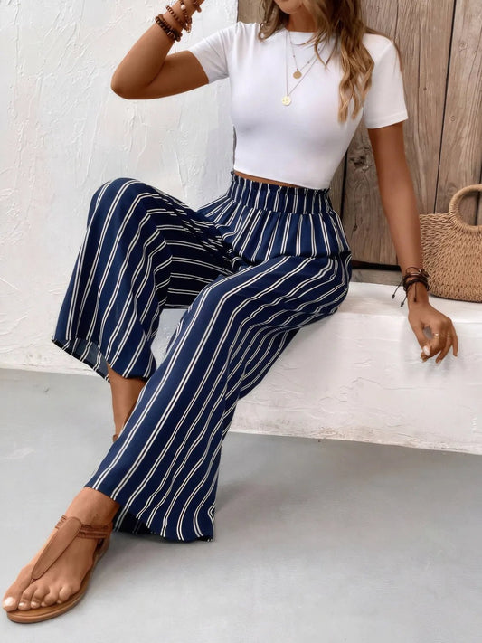 Front view of Striped Wide Leg Pants in Dark Navy showing neckline and sleeve details