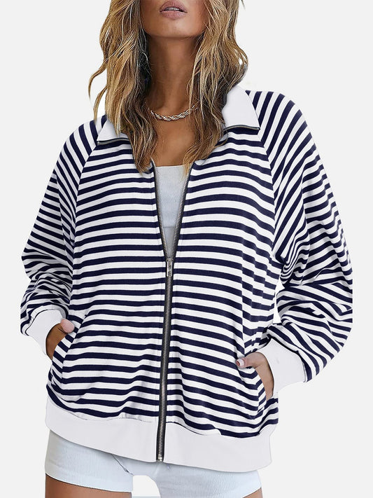 Striped Zip Up Long Sleeve Sweatshirt - Rochelle's House LLC