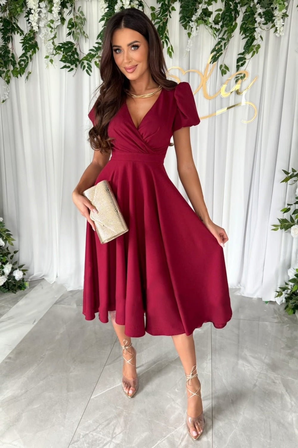 Surplice Puff Sleeve Midi Dress - Rochelle's House LLC