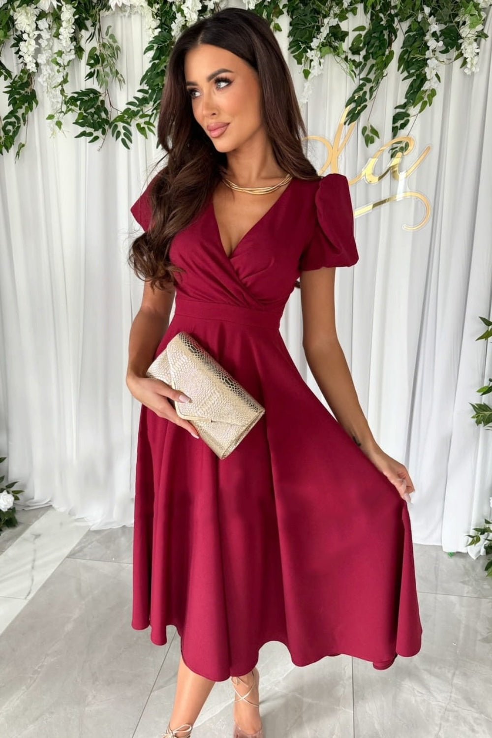 Surplice Puff Sleeve Midi Dress - Rochelle's House LLC