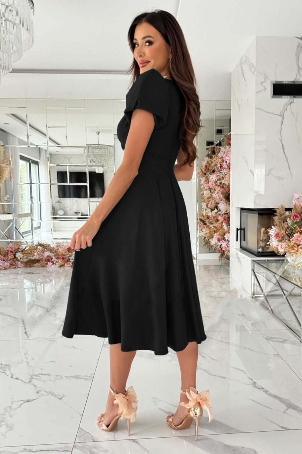 Surplice Puff Sleeve Midi Dress - Rochelle's House LLC