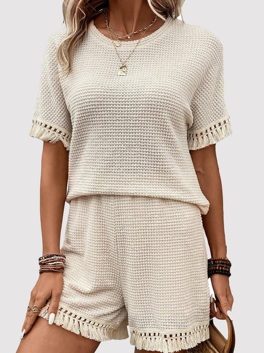 Tassel Round Neck Top and Shorts Set - Rochelle's House LLC