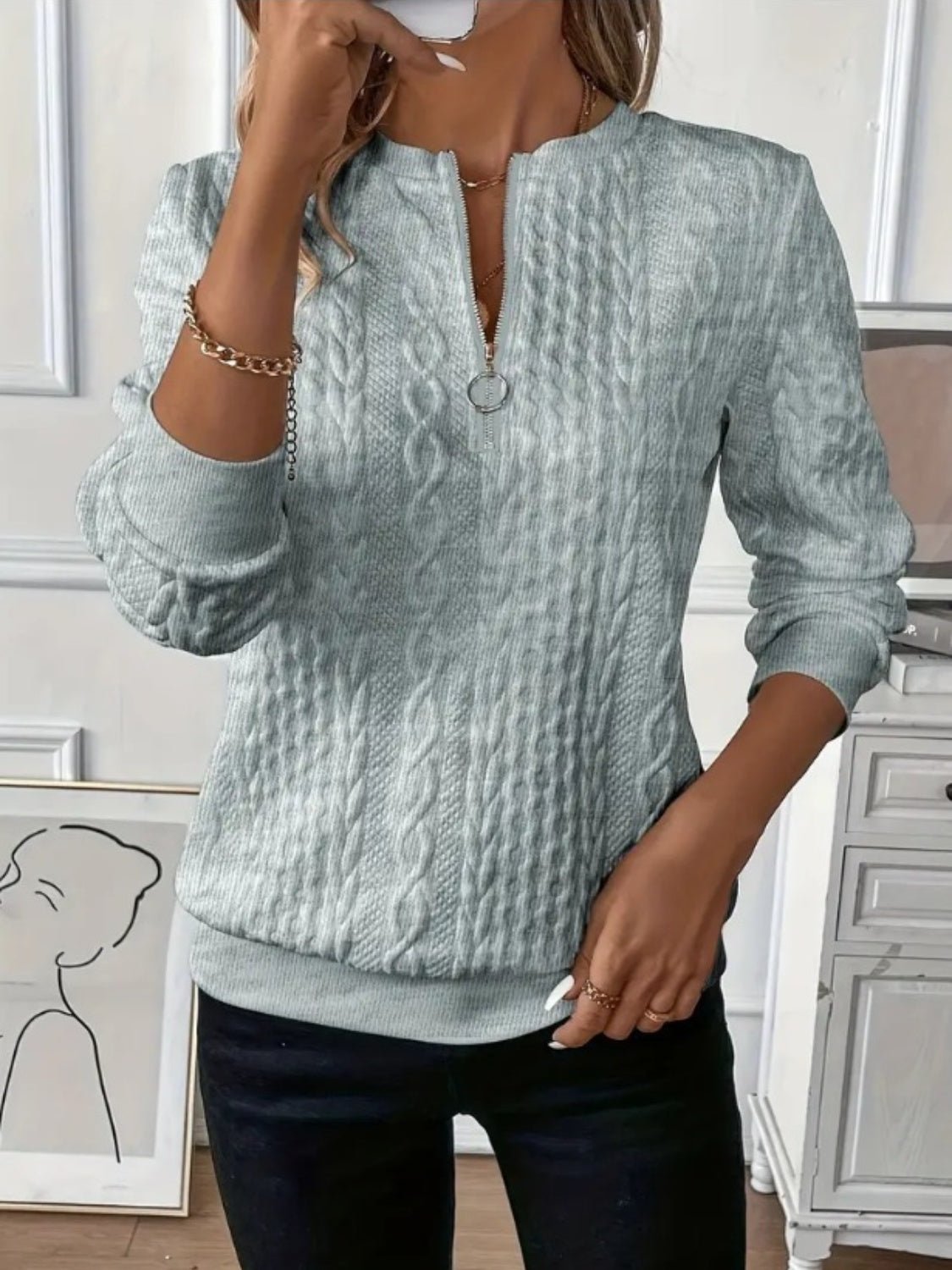 Texture Half Zip Long Sleeve Sweatshirt - Rochelle's House LLC