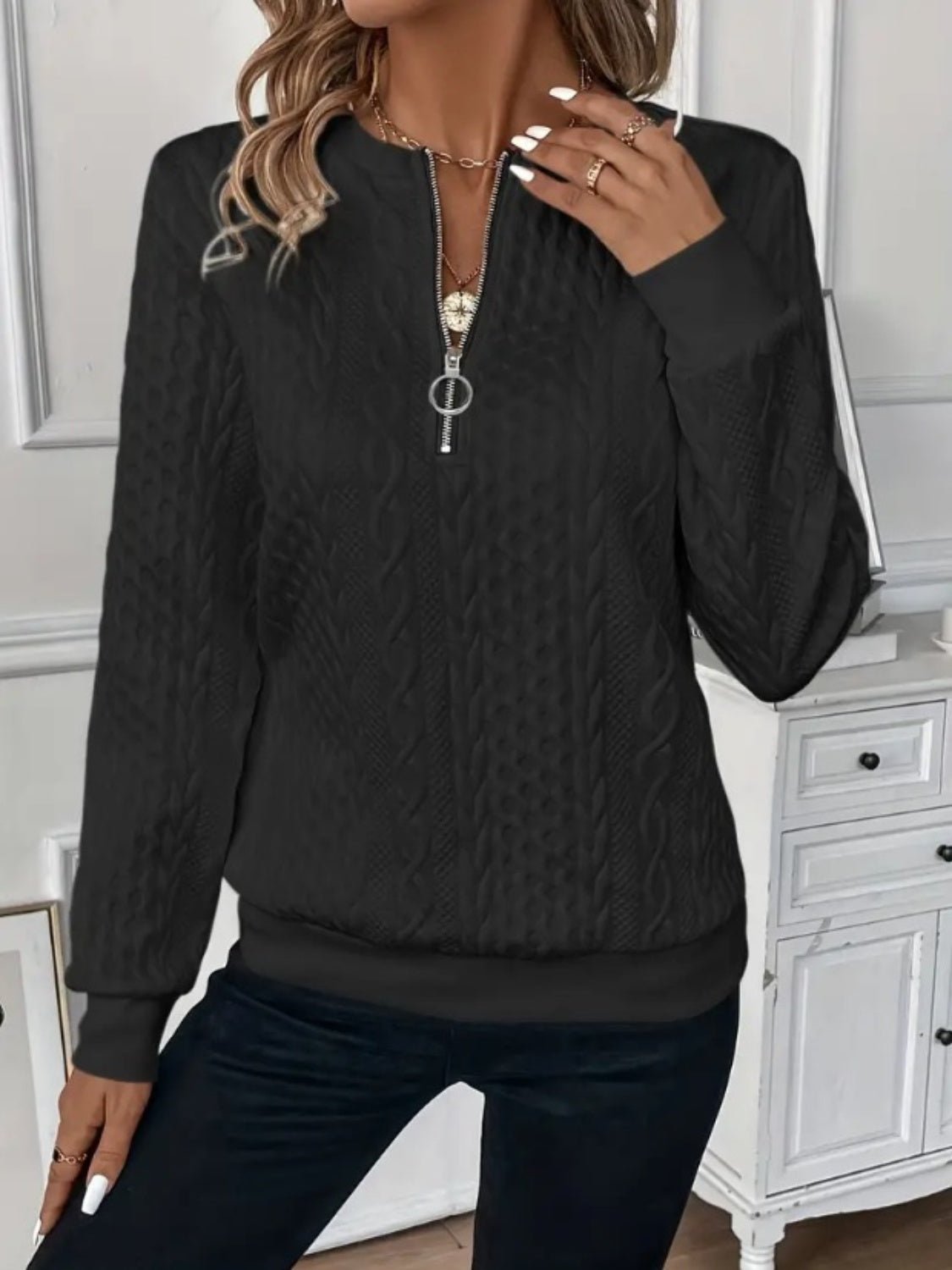 Texture Half Zip Long Sleeve Sweatshirt - Rochelle's House LLC