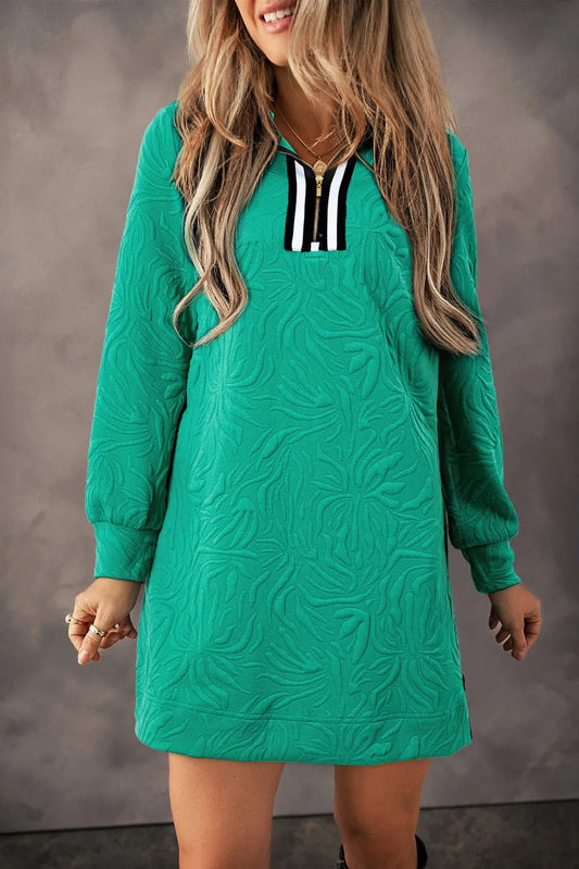 Front view of Texture Quarter Zip Long Sleeve Mini Dress in Dark Green showing neckline and sleeve details