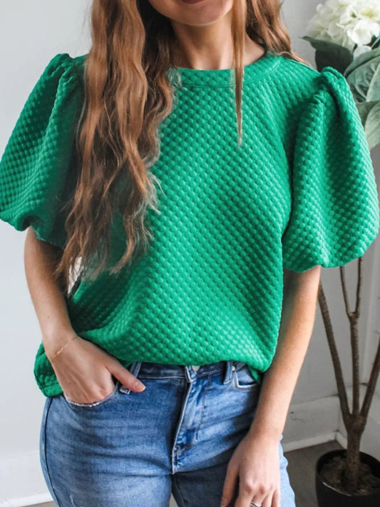 Front view of Texture Round Neck Puff Sleeve Blouse in Turquoise showing neckline and sleeve details (97% polyester and)