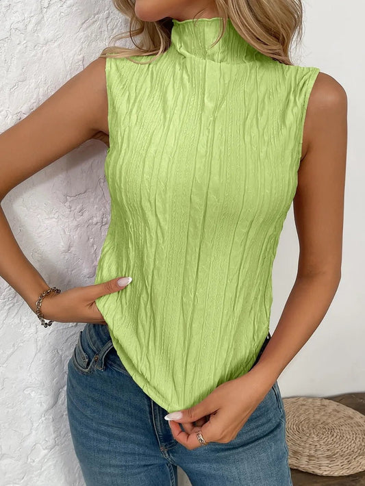 Front view of Texture Turtleneck Sleeveless Top in Lime showing neckline and sleeve details