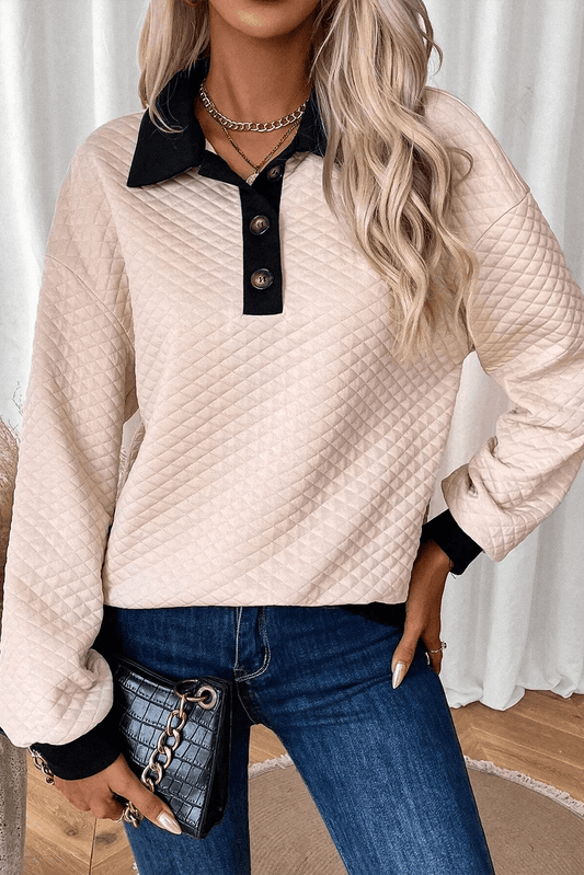 Textured Collared Neck Long Sleeve Top - Rochelle's House LLC